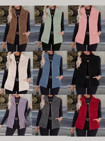 Women Corduroy Vest Stand Collar Zip Up Sleeveless Jacket Casual Gilet Waistcoat with Pockets
