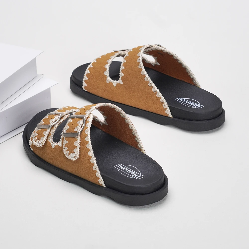 Retro Brown Embroidered Edge Sandals, Adjustable Buckle Flat Slippers, Women's Outdoor Non-Slip Sandals