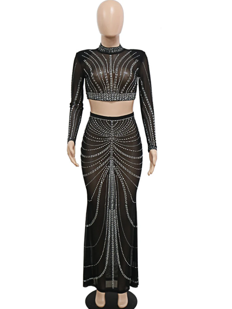 Imagem -02 - Kricesseen-conjunto de Saia Pura para Mulheres Top de Manga Comprida e Saia Maxi Strass Brilhante Cristal Sexy Preto Roupa Noturna Novo