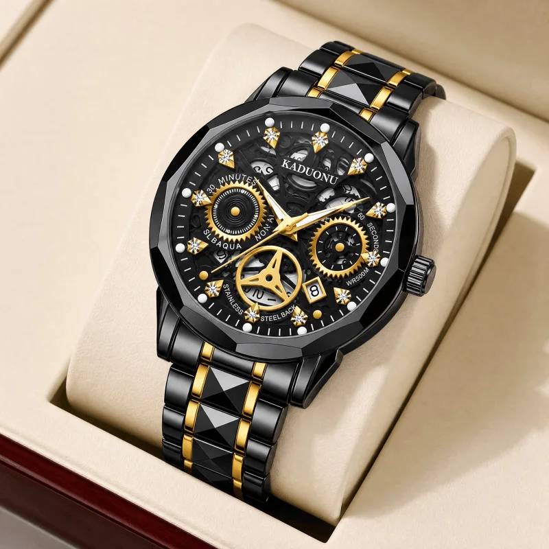 Black gold hollowed-out men's watch with diamond-cut steel band, luminous, waterproof, and multi-functional, a men's business qu