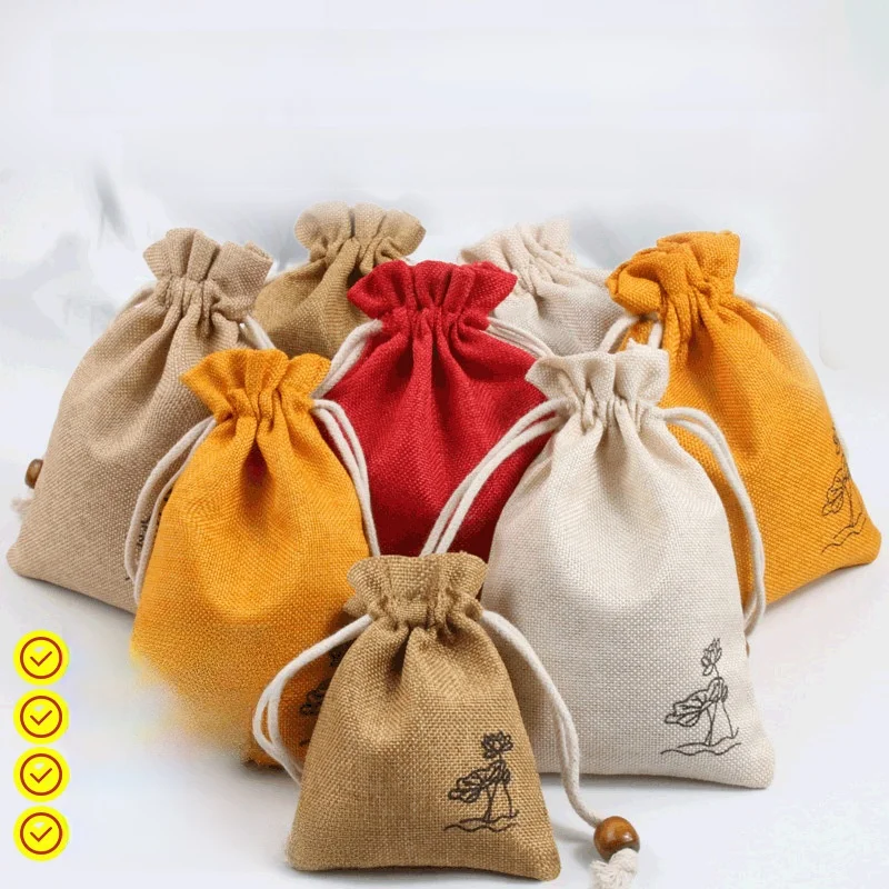 Cotton Linen Scented Bag Empty Pouch Fragrance Sachet Drawstring Closure Powder Storage Lotus Flower Design Handmade Tote Bag