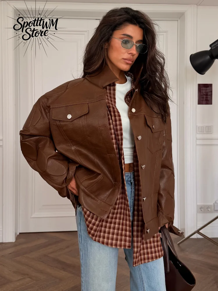 Women's Lapel Loose Cropped Pu Leather Jacket Solid Oversized Single Breasted Casual Streetwear 2026 Female Daily Street Clothes