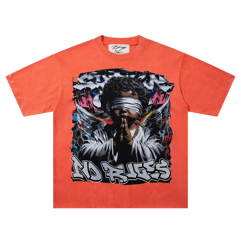 Übergroßes Orange Strass Washed T-Shirt mit Engelsflügeln und Graffiti Lustiges Grafik-T-Shirt für Männer und Frauen Sommer Lässiges Baumwoll-Kurzarm-Oberteil – Detail 6