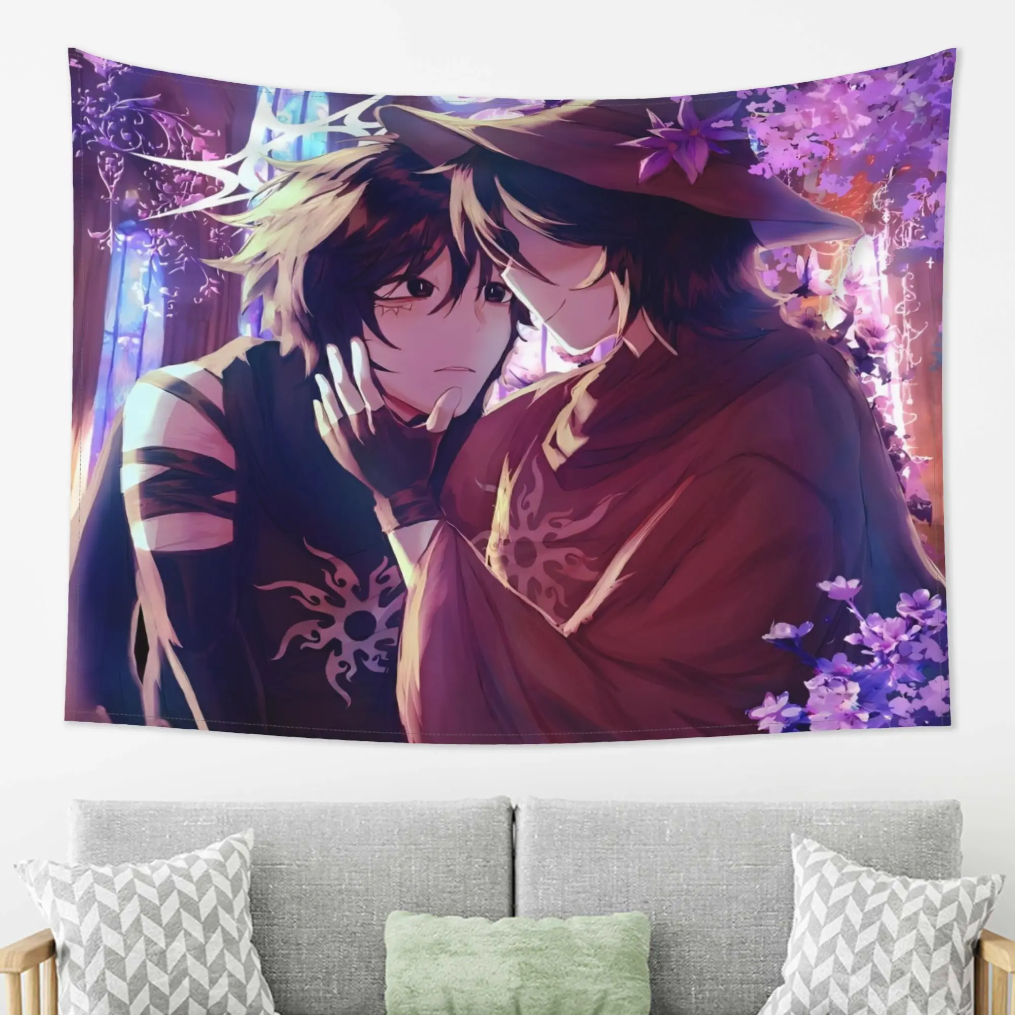 Forsaken Anime Tapestry - Vibrant Horizontal Wall Hanging with Romantic Anime Characters, Polyester Fabric, Perfect for Living