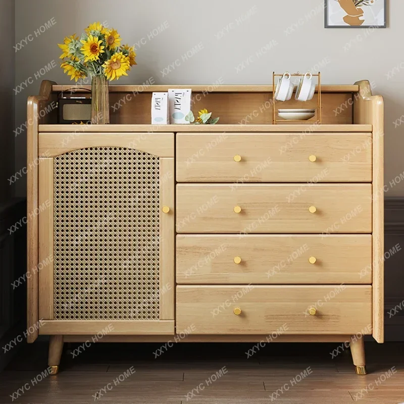 Nordic Solid Wood Chest of Drawers Rattan Tea Cabinet Living Room Wall Locker