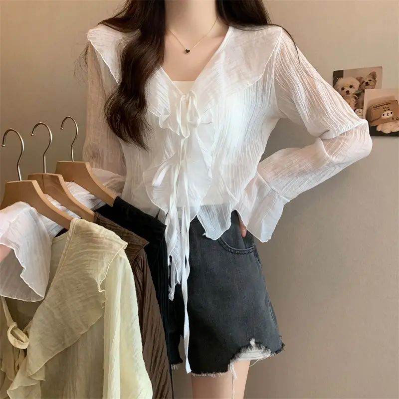 French High-end V-neck Ruffle Design Versatile Reducing Age Long Sleeved Tie Sexy Summer Sun Protection Top