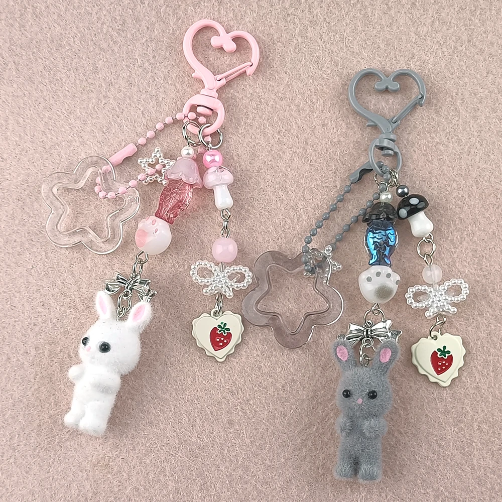 Cute Flocked Rabbit Keychain with Five-Pointed Star StrawberryLove Mobile Phone Chain Lanyard Pendant for Earphones & Cameras