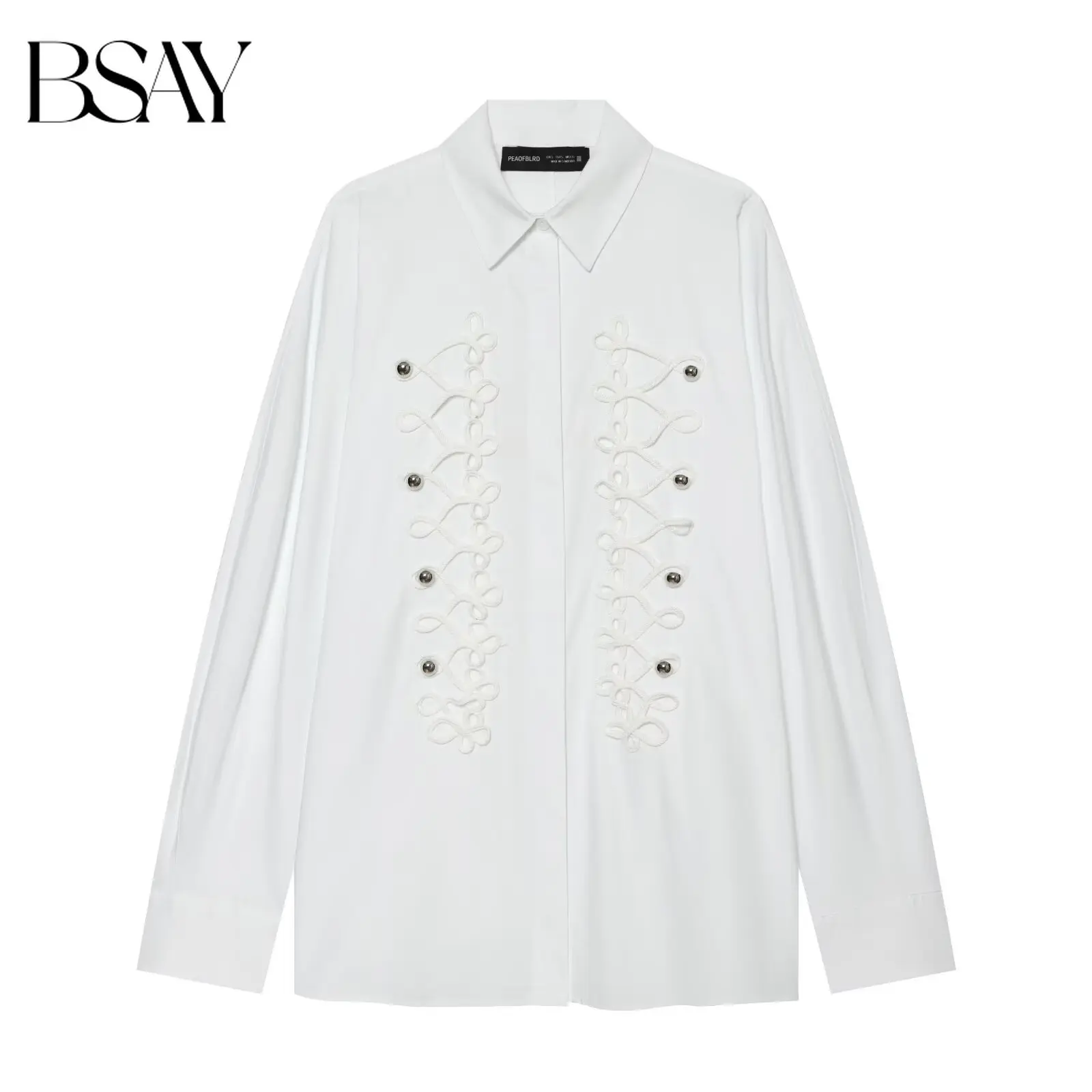 

BSAY Summer New French Vintage Point Collar Women Long Sleeve Shirt Lace Up Cord Decor Metal Buttons Loose Casual Blouse Tops