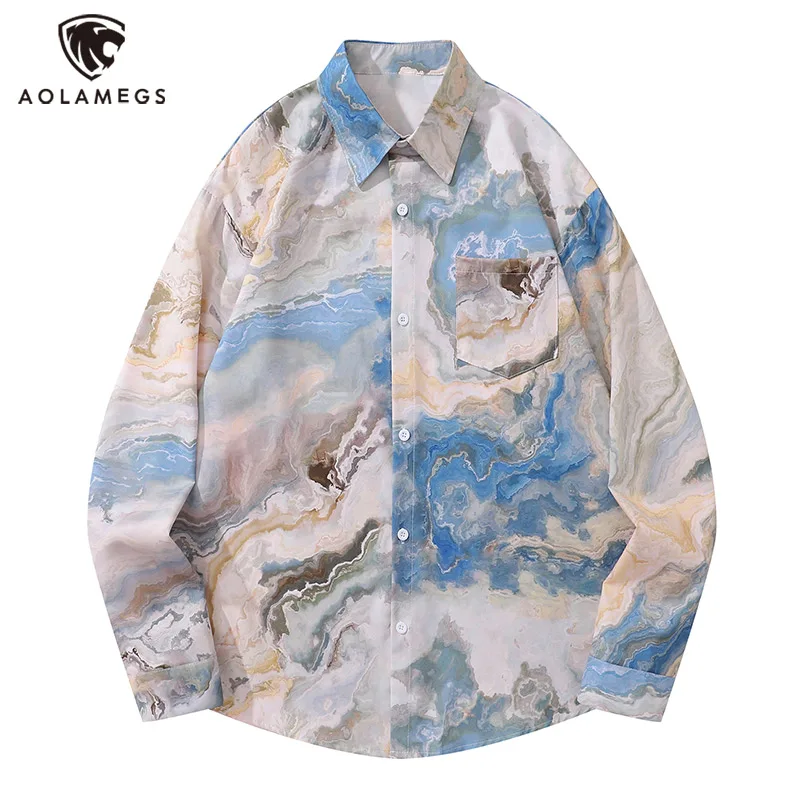 

Men's Shirts Tie Dye Painting Print Tops Fashion Motley Hip Hop Blouses Artistic Style Relaxed Loose Long Sleeve Button Clothes