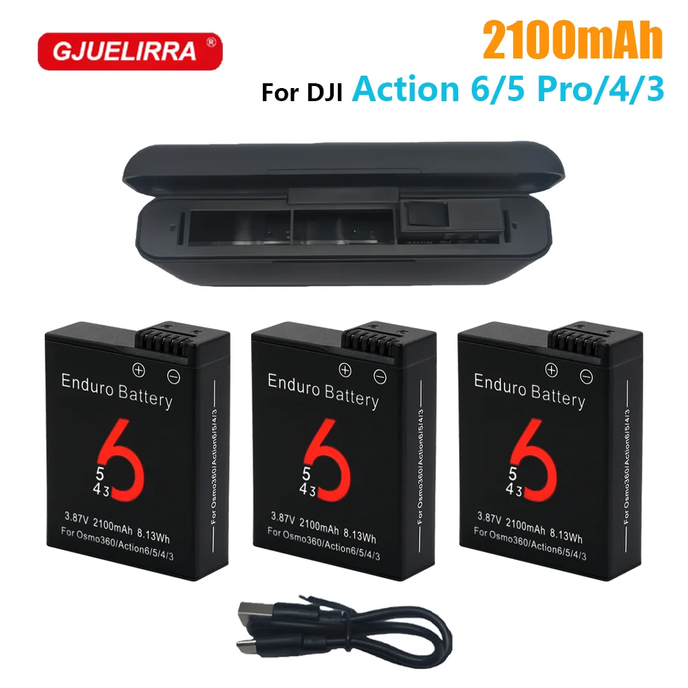 2100mAh Battery for DJI Osmo Action 6 Action 5 Pro/4 Camera Battery and 3 Slots Charger for DJI Action 6/5/4/3 Accessories