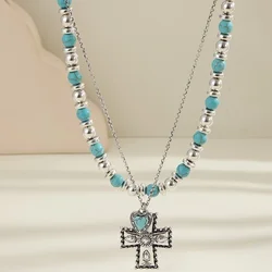New vintage double-layered imitation turquoise cross necklace women wear European and n fashion turquoise bohemian style women