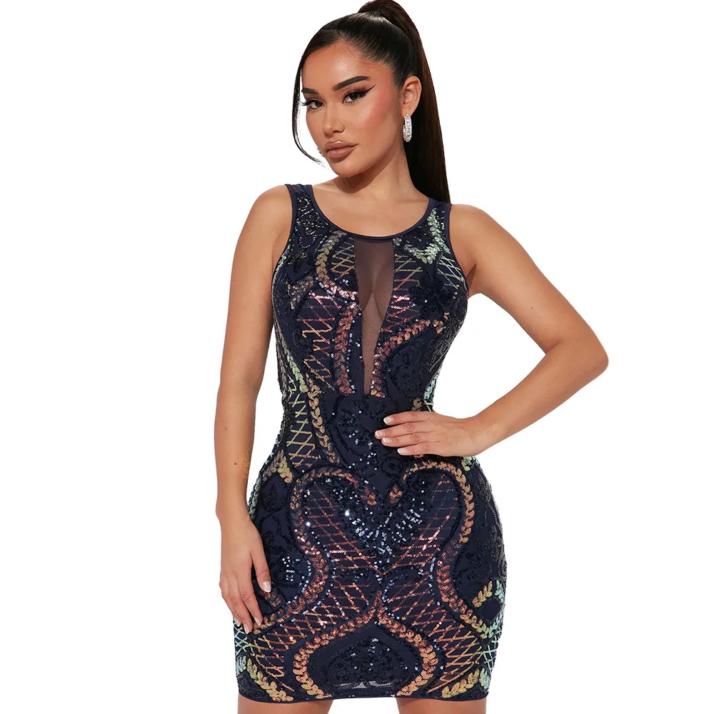 Pailletten Jurk Vrouwen Jurken Bodycon Billen Slanke Print O Hals Knielengte Vestidos Hoge Taille Party 2025, Zomer Sexy Club