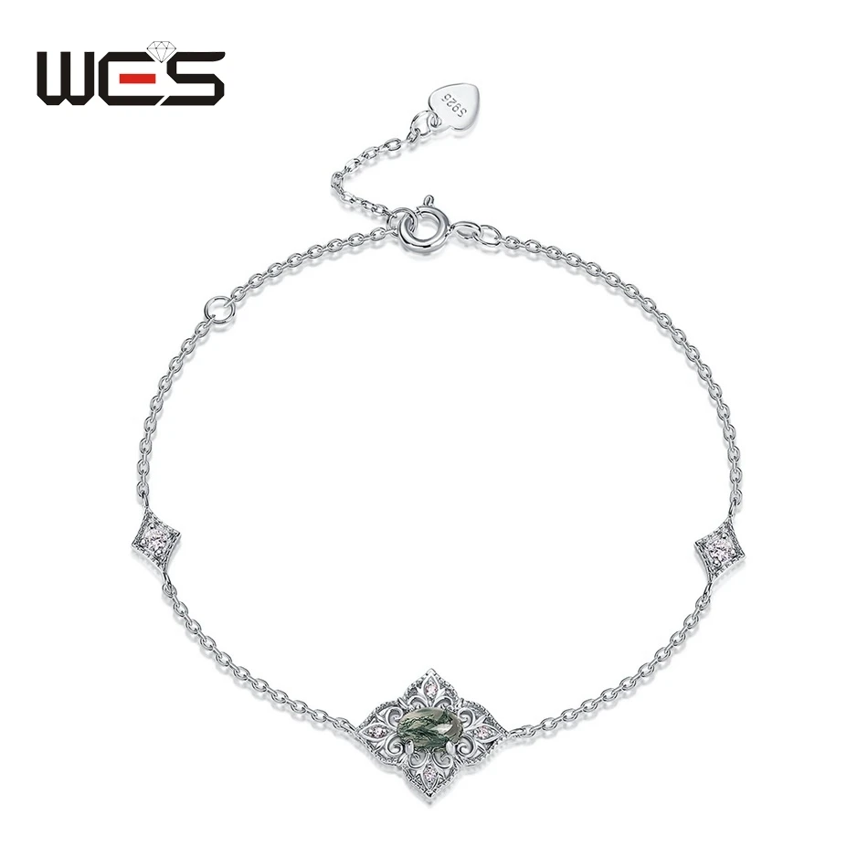 WES 925 Sterling Silver Bracelet for Woman Natural Gemstone Moss Agate 4*6mm Fine Jewelry Certified Wedding Gifts Anniversary