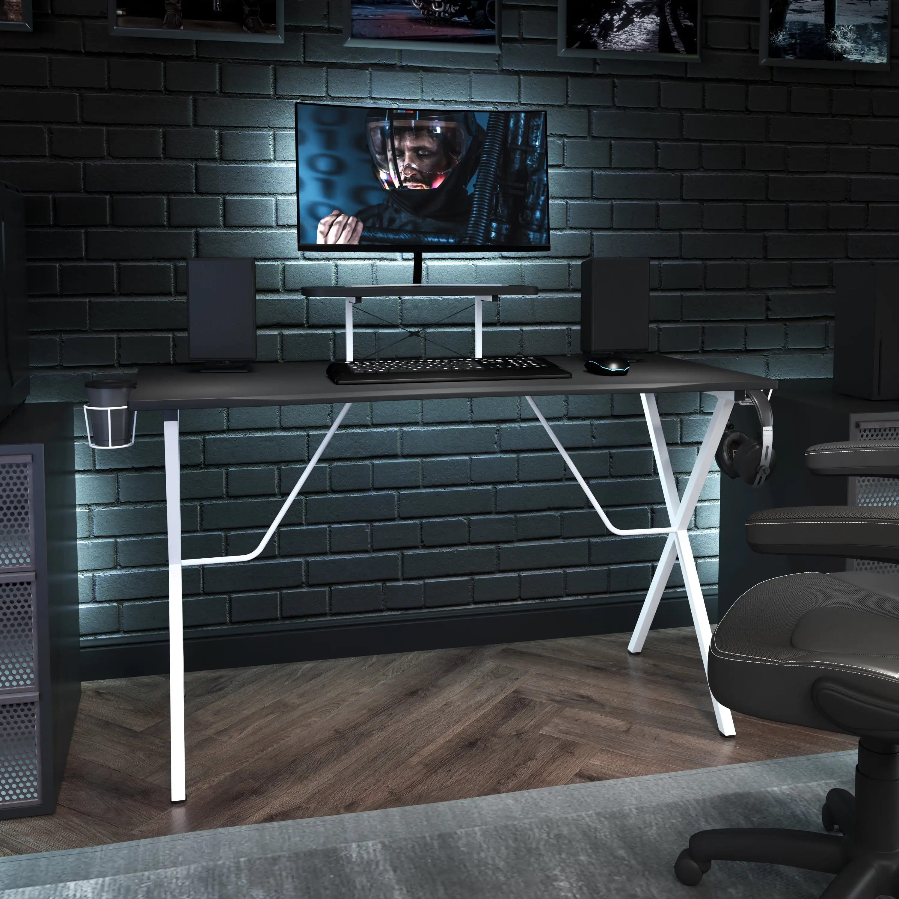 Furniture Mallot Black Gaming Desk and White Frame with Cup Holder, Headphone Hook, and Monitor/Smartphone Stand