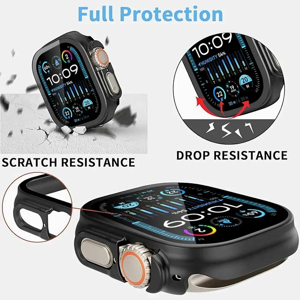HD الزجاج المقسى + حافظة لساعة أبل الترا 3 49 مللي متر PC الوفير + واقي للشاشة غطاء iWatch Ultra 2/1 49 مللي متر قذيفة مقاومة السقوط