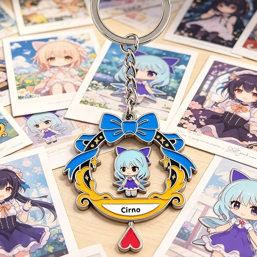 Anime Touhou Project Cirno Rotating Keychain Double Sided Spinning Ice Fairy Keyring Kawaii Figure Metal Pendant Bag Decor Fans