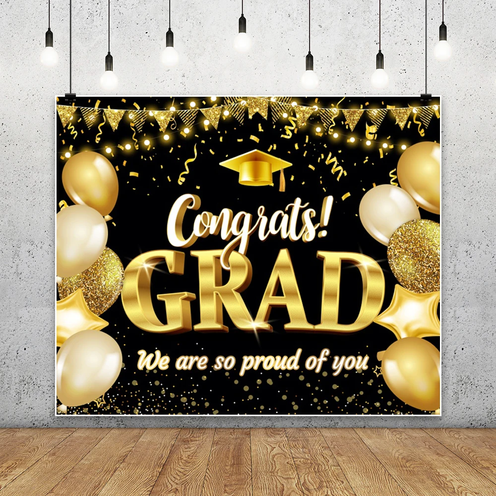 Congratulations Graduation Photography Background Black Gold Balloon Bachelor's Cap 2025 Grad Party Banner Custom Name Backdrops