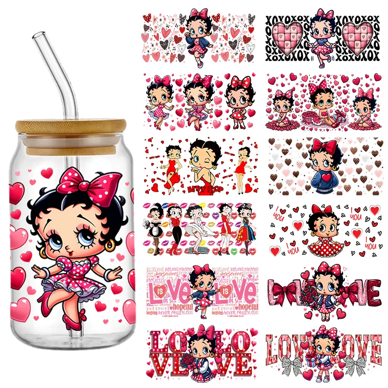 

Cute Girl Cartoons Pink Decal UV DTF Transfer Sticker Cup Tumbler Wrap for 16oz Libbey Glasses Wraps Bottles DIY Mug Stick