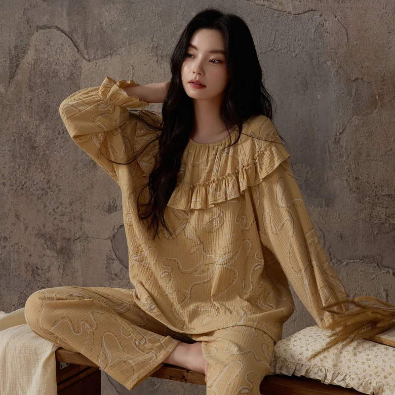 Loungewear Sets Ladies Spring and Autumn Woven Cotton Gauze Long Sleeve Thin Baby Cotton Korean Version Loose Lazy Style Pajamas