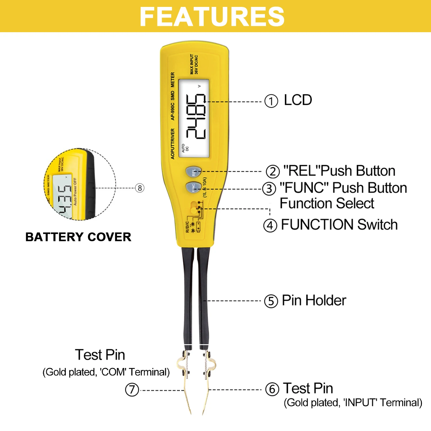 AN-990C Digital SMD Tweezer Meter, 6000 Count Portable Resistor Capacitor Tester with Resistance, Capacitance, Diode, Continuity