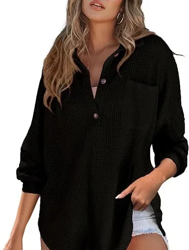 2024 Spring  new cross-border explosions solid color lapel pocket Waffle women shirts