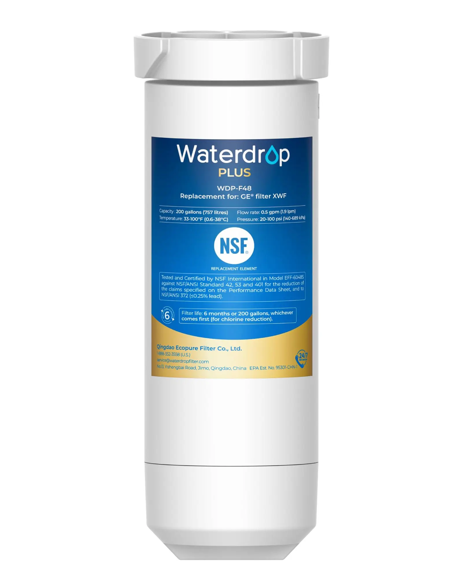 Waterdrop Plus XWF Water Filter Replacement For GE® XWF, No Chip, Not XWFE, Replacement for GE® WR17X30702 Refrigerator Water Filter, NSF/ANSI 401 & 53 & 42 & 372 Certified, Reduces RFAS