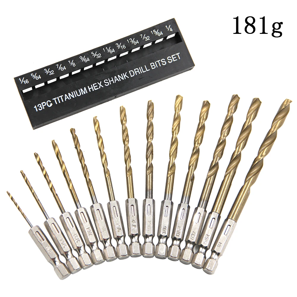 1/16-1/4 Electric Drill Screwdriver Drilling Tool Set 13pc British System Hexagonal Handle Titanium Plated Twist Drill