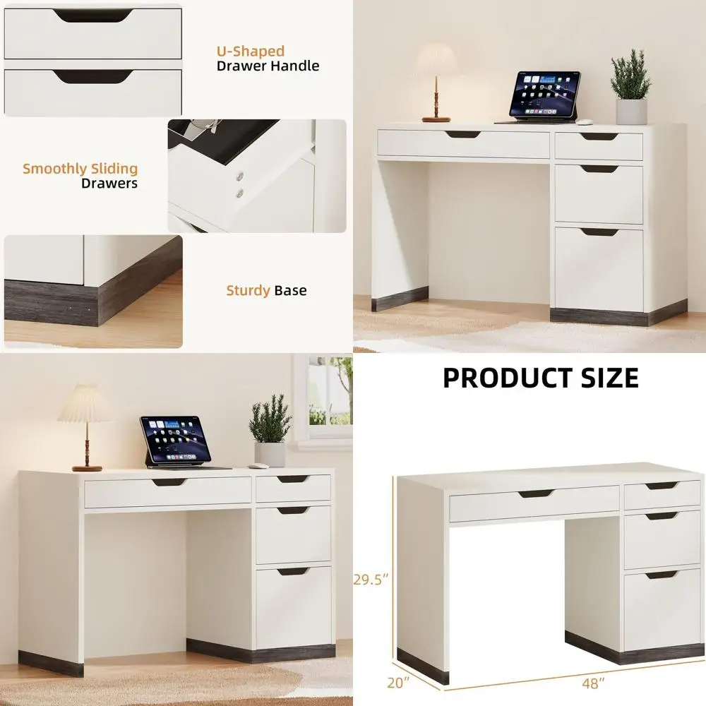 48 Inch White Desk with Drawers, Compact Desk for Kids with 4 Storage Drawers Computer Study Desk with Filing Drawers for Home