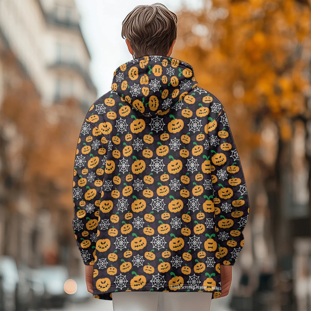 Man winter clothing, New in Down Coats, Pumpkin head spiderweb doodle cotton-padded jacket clothing, feather print pocket zipper