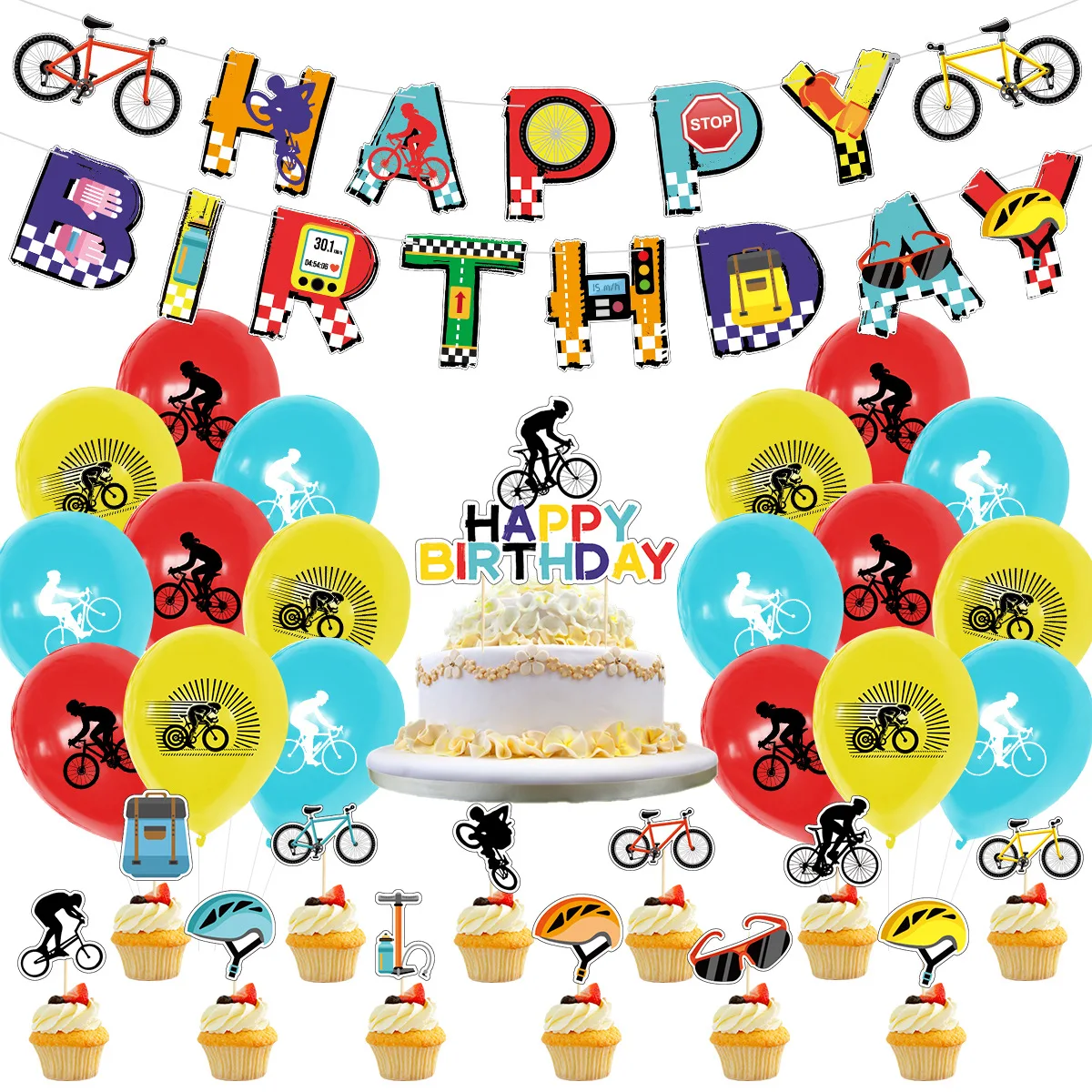 Bicycle Party Banner Balloon Cake Topper Bicycle Bike Sport Bicycle Happy Birthday Garland Birthay Party Decorations Boys