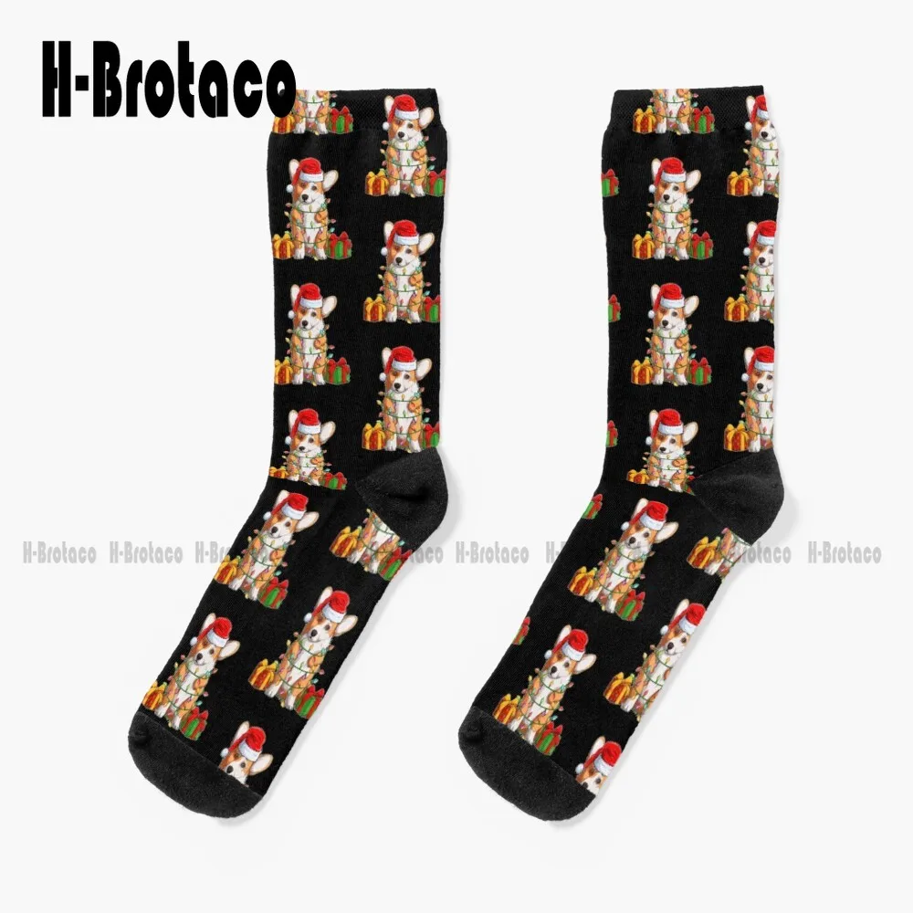 Calcetines deportivos con diseño de luces navideñas para mujer, calcetín con diseño de Corgi Santa, Harajuku Gd, Hip Hop, dibujos animados, arte informal