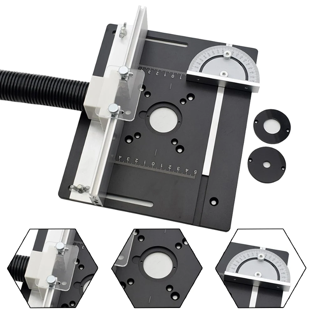 알루미늄 합금 목공 라우터 테이블 인서트 플레이트, 목재 밀링 플립 보드, 앵글 눈금자가 있는 트리밍 머신, 조각 벤치