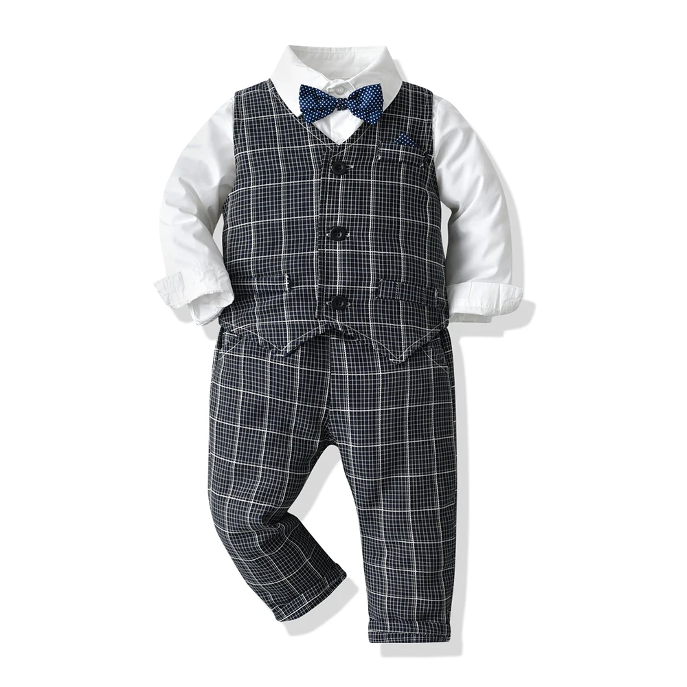 top and top Spring&Autumn New Baby Boy Gentleman Suit Bow Tie White Shirt +Striped Vest+Pants 3Pcs Formal Toddler Clothing Set