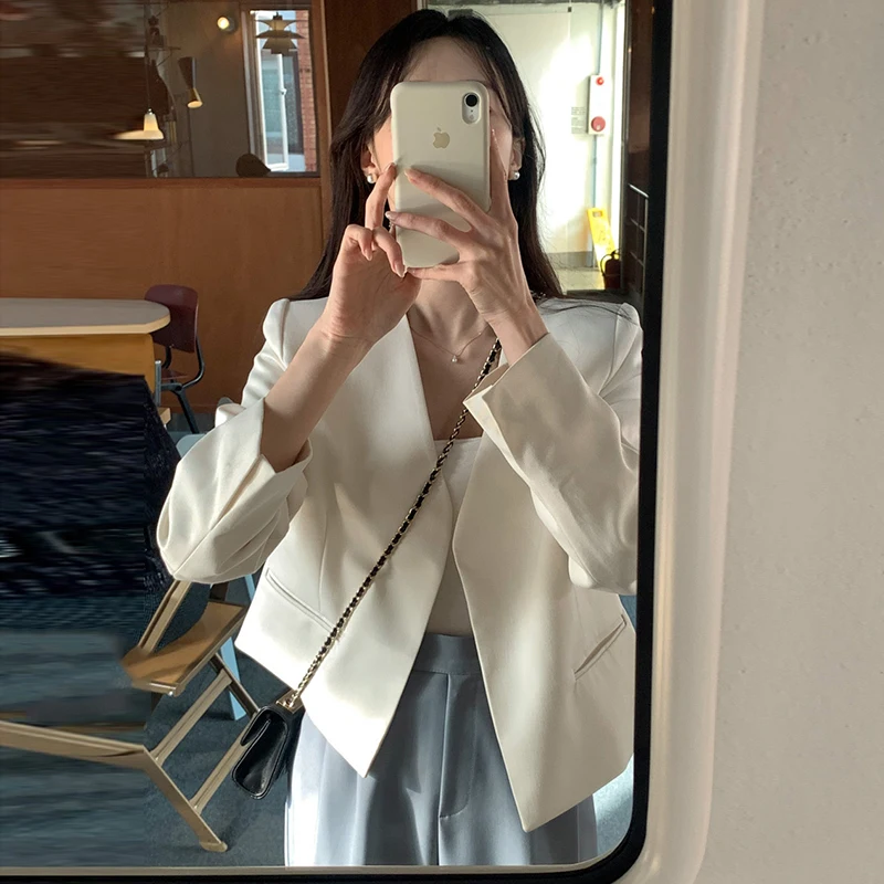 

Chic mat V-Ne Long Sve ort Pure Color Casual Suit Jaet for Women Trendy Commute Sle Loose Fit Autumn Outerwear