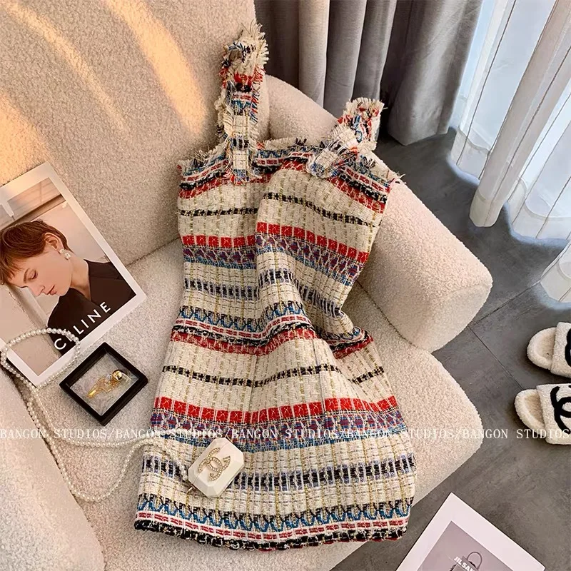 Elegant Casual Sling Tweed Mini Dress For Women Summer Sexy Sleeveless Backless Stripe Strap Party Dress With Pocket Vestidos