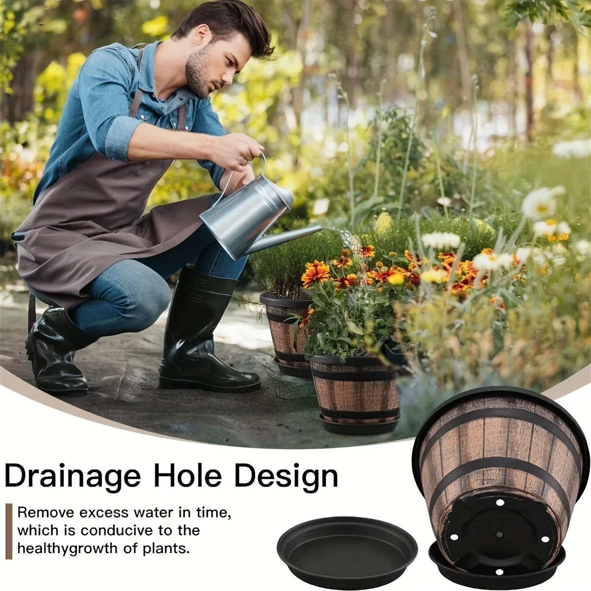 Whiskey Barrel Shaped Planter Pots with Drainage Holes, Vintage Brown Plastic Flower Pot Set, Indoor & Outdoor Houseplant Decor