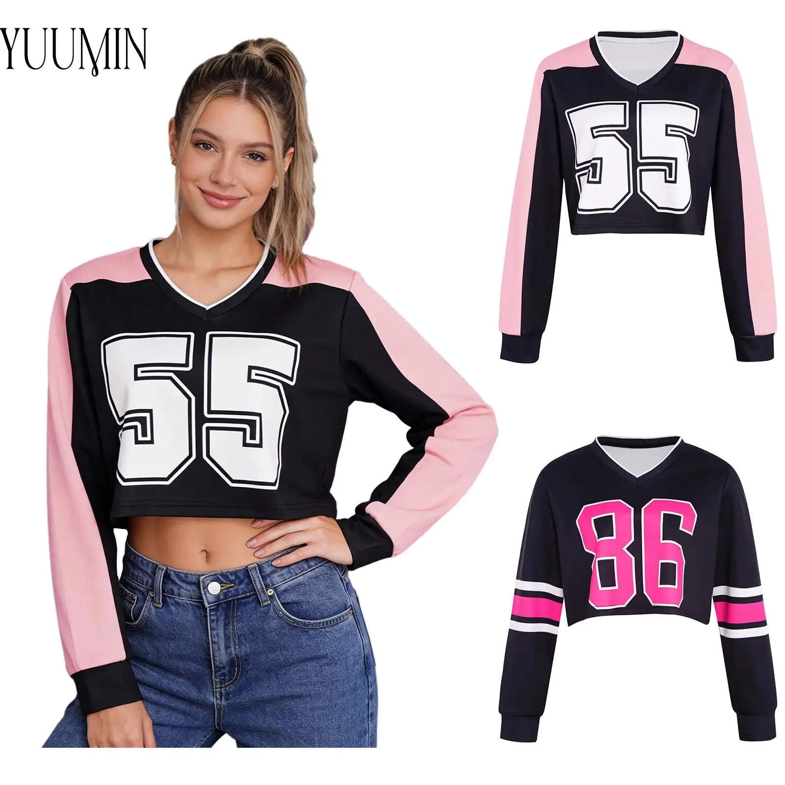 

Gym Workout Tops Womens Stylish Number Print Yoga Crop Top Long Sleeved T-shirt for Cheerleading Hip Hop Skateboarding Sports