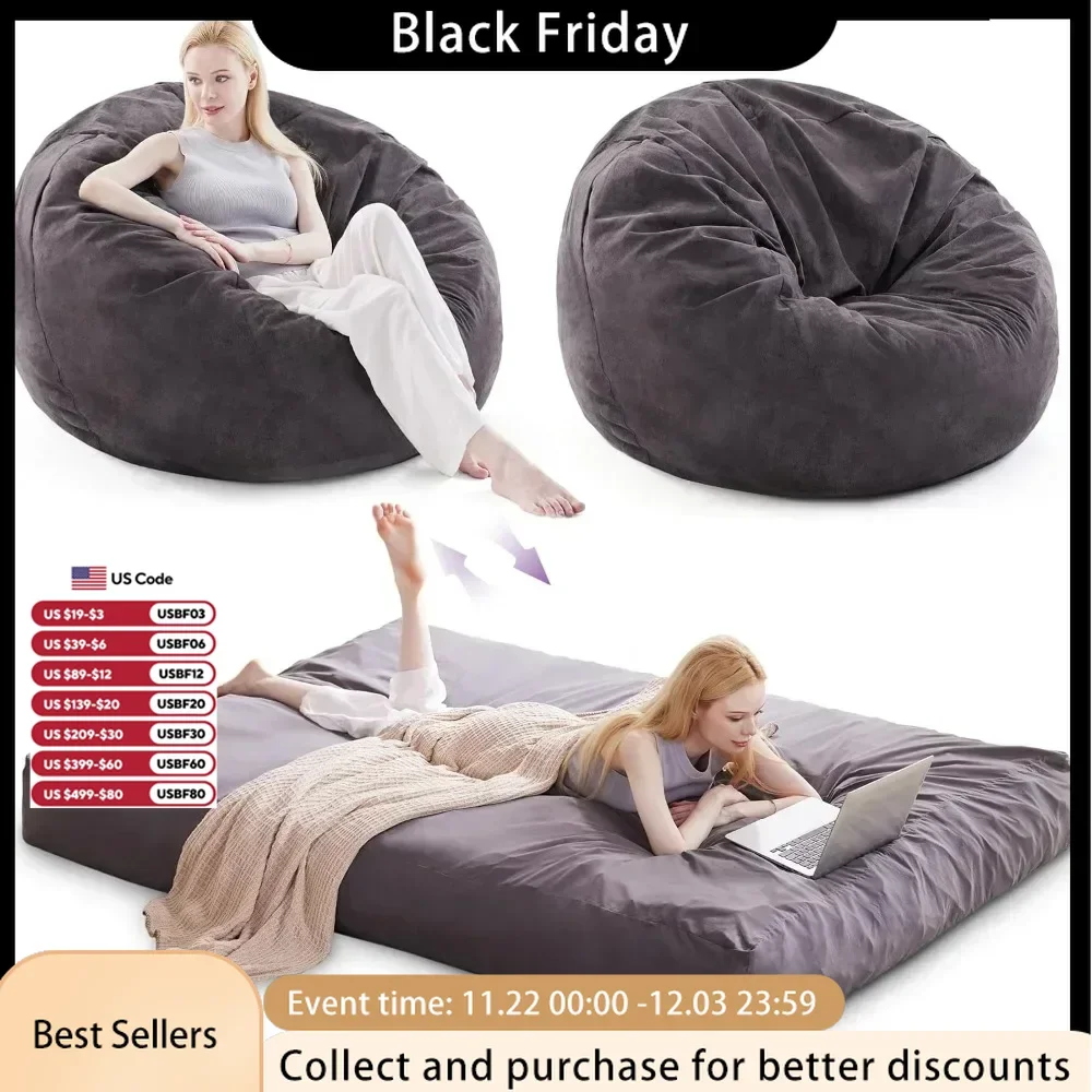 Large Bean Bag Chairs for Adults, Convertible Bean Bag Bed, Huge Bean Bag Couch Sofa Floor Bed Mattress, Foam Filler，Black Queen