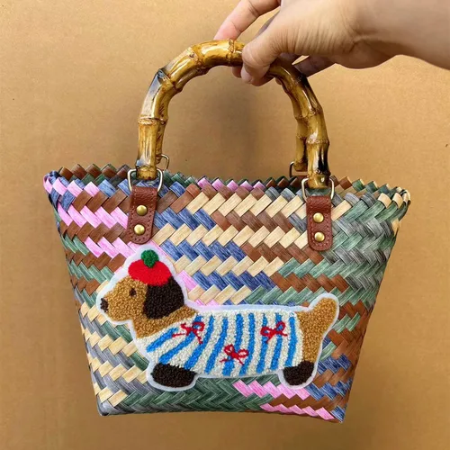 Imagen 2 del producto Bolso tejido con perro salchicha a rayas Retro, bolso de mano con colgante de cuerda de nailon, bolso de mano, bolso de playa para mujer