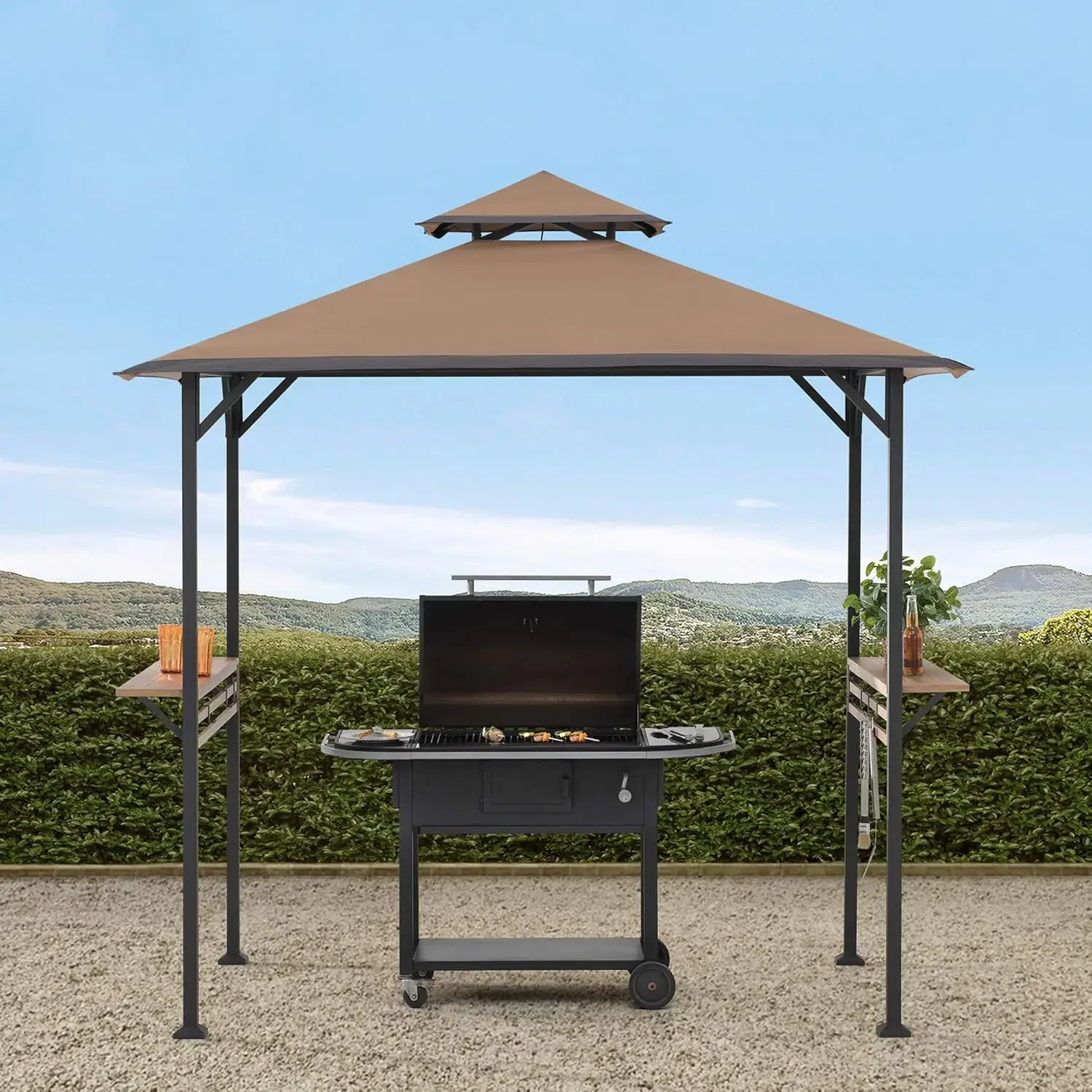 Black Steel Frame Grill Gazebo for Outdoor, Patio, Garden, and Backyard Activities, Khaki