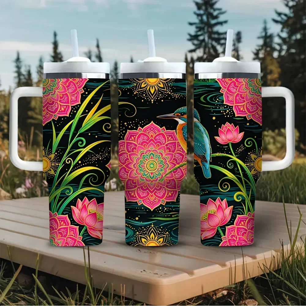40oz Tumbler with Handle, Decorated with Pink for Lotus Mandala And Kingfisher Print, Suitable for Women for Daily Use, Works for Both Hot And Cold Drinks, Great for Outdoor Travel And Daily Home Use