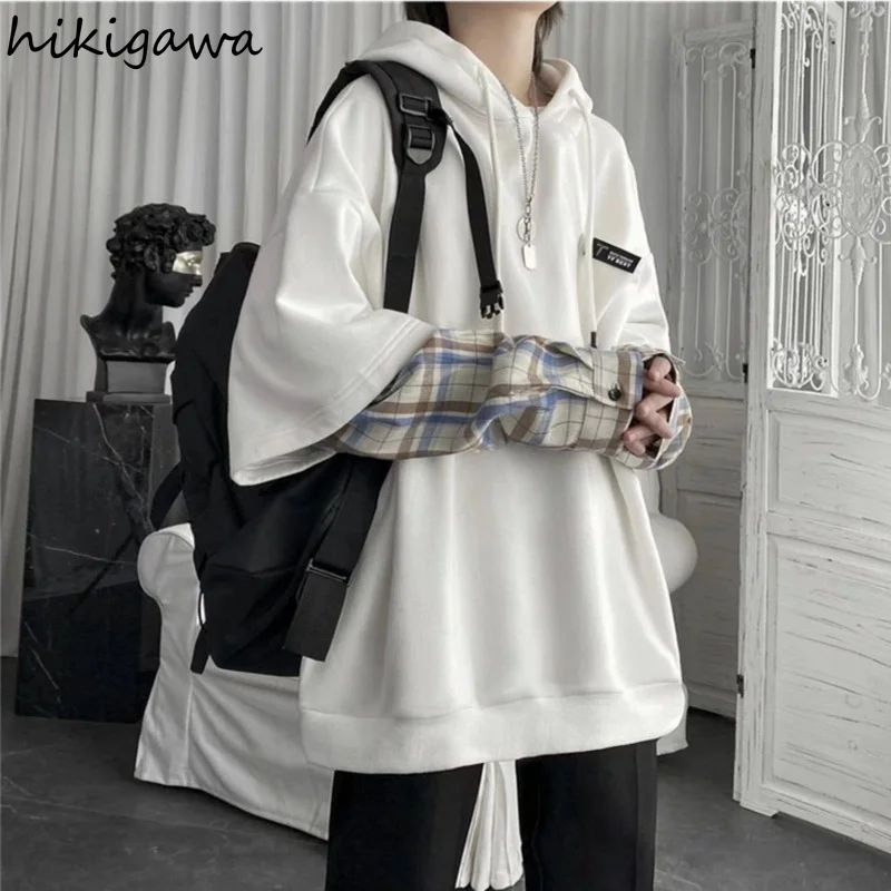 Y2k Tops Korean Fake Two Sweatshirts Patchwork Plaid Pullover Fashion Y2K Clothes for Teens Hooded Harajuku Oversized Hoodies