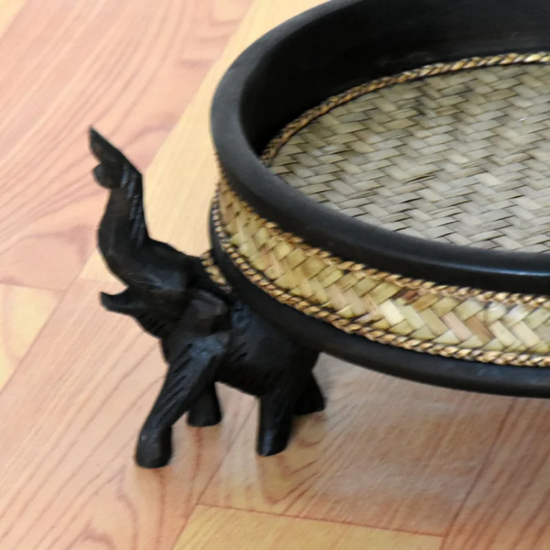 Thai Solid Wood Rattan Woven Fruit Plate Thai Crafts Elephant Tray Candy Plate Southeast Asian Coffee Table Decoration
