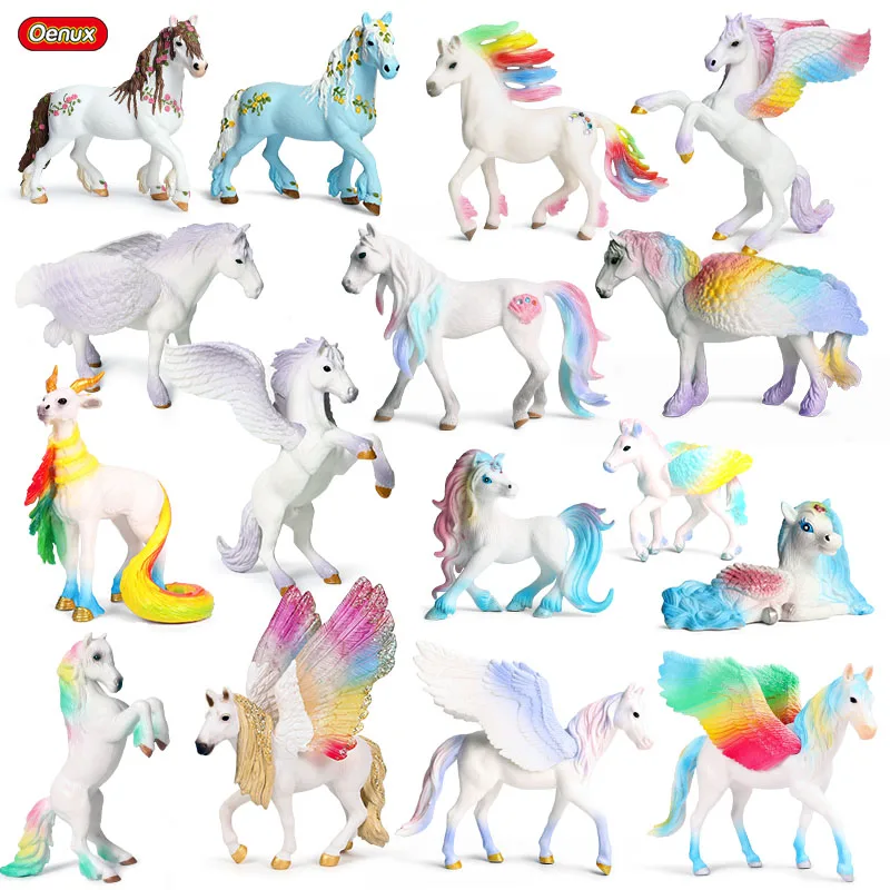 Oenux Classic Mythical Rainbow Pegasus Simulation Animal Original Fairy Tale Fly Horse Action Figures Model PVC Educational Toys