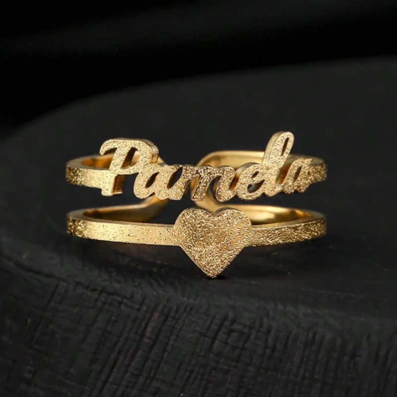 Auxauxme Custom Frosted Names Ring for Women Stainless Steel Personalized Letters Logo Adjustable Open Ring Party Jewelry Gifts