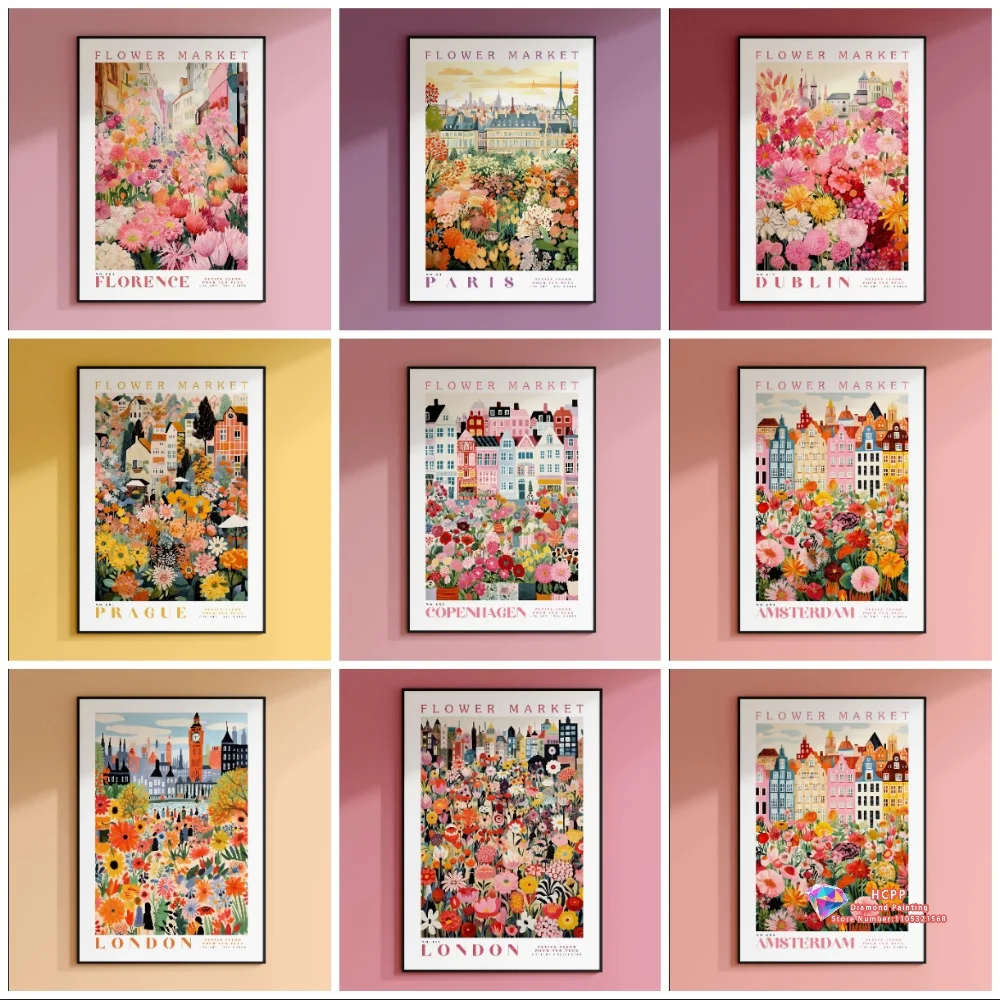 Amsterdam Flower Botanical Art Boho Diamond Painting Set 5D DIY Diamant-Stickerei, Kreuzstich, handgefertigtes Geschenk, Kunsthandwerk, Dekoration
