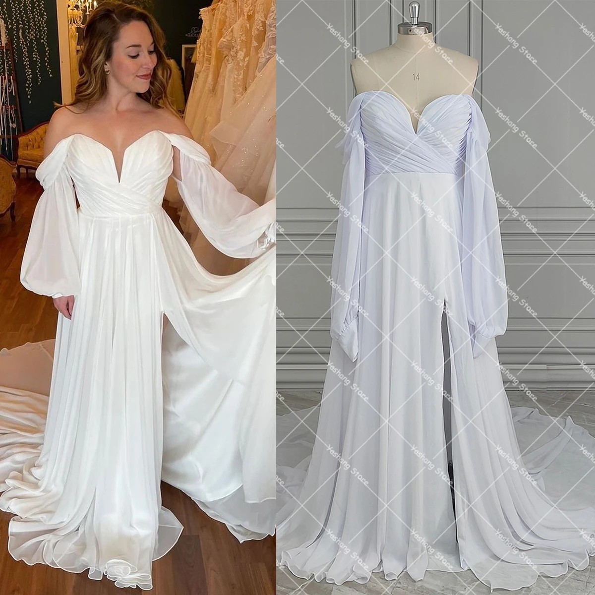 Alta fenda querida mangas compridas bolha vestidos de noiva uma linha personalizado ruching chiffon reunidos plissados saia vestido de casamento