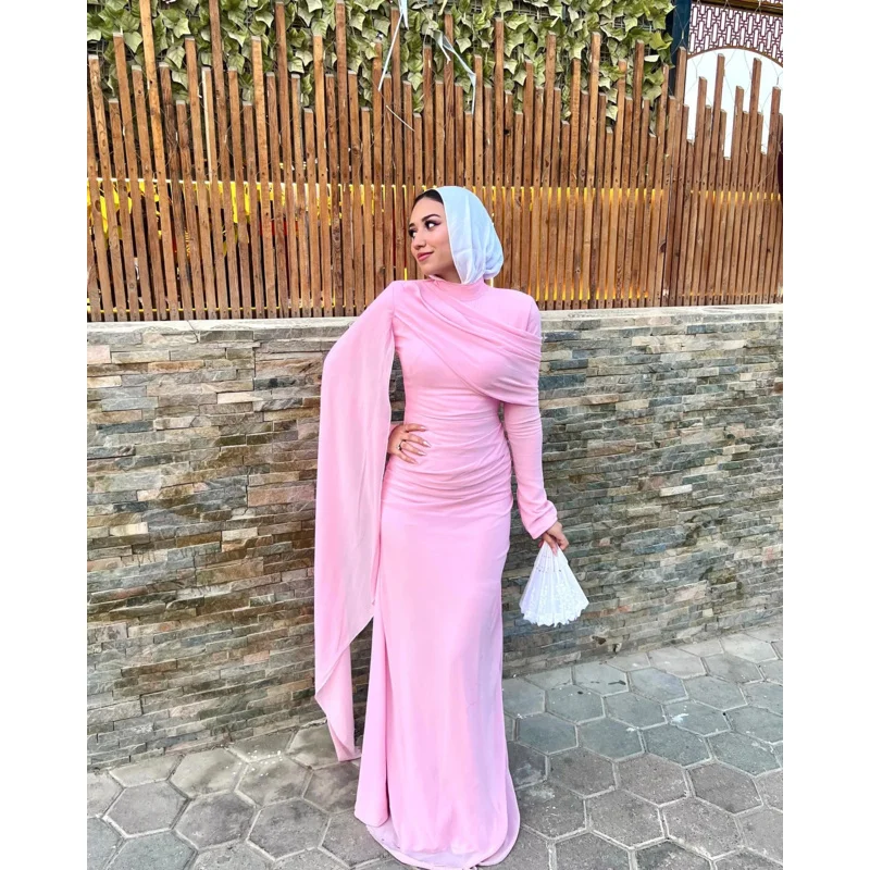 Indie Elegant Pink Prom Gown Women's Pleated High-neck Party Evening Dress Floor Length Customized Muslim Formal Occasion Gowns