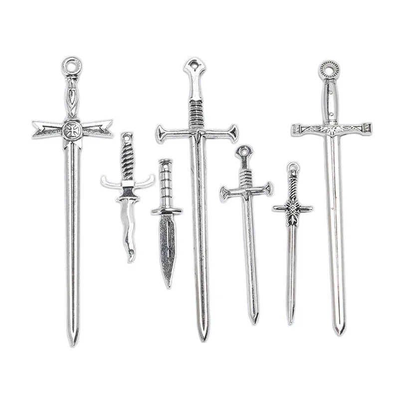 10pcs Antique Silver Plated Sword Blade Charms Pedants DIY Jewelry Making Accessories for Necklace Craft Findings