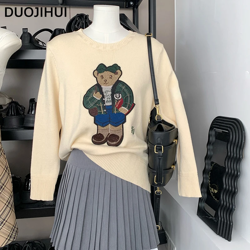 DUOJIHUI New Chic Embroidery Knitting Sweater Women Pullovers Autumn Basic Solid Color Loose Simple Long Sleeves Female Pullover